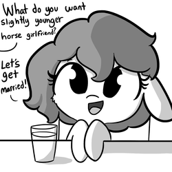 Size: 1080x1080 | Tagged: safe, artist:tjpones, oc, oc only, oc:brownie bun, oc:richard, earth pony, pony, horse wife, :d, brownie bun without her pearls, cheek fluff, cute, dialogue, female, floppy ears, glass, grayscale, hnnng, leaning, looking at you, mare, monochrome, offscreen character, simple background, solo, this will end in marriage, what do you want, white background, younger