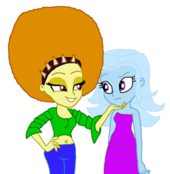 Size: 883x904 | Tagged: safe, artist:ktd1993, adagio dazzle, trixie, equestria girls, g4, afro, alternate hairstyle, disco, female, lesbian, ship:triagio, shipping