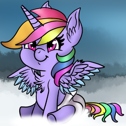 Size: 1024x1024 | Tagged: safe, artist:brainiac, oc, oc only, oc:pastel sparkle, alicorn, pony, alicorn oc, baby, baby pony, chest fluff, cloud, cute, diaper, female, filly, foal, magical lesbian spawn, offspring, parent:rainbow dash, parent:twilight sparkle, parents:twidash, princess, sitting, smiling, solo