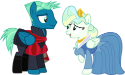 Size: 1661x1001 | Tagged: safe, artist:cloudy glow, sky stinger, vapor trail, pegasus, pony, g4, season 6, top bolt, clothes, clothes swap, cosplay, costume, crossover, crown, disney, dress, female, implied wing hole, jewelry, looking at each other, male, mare, open mouth, princess aurora, raised hoof, regalia, ship:vaporsky, shipping, show accurate, simple background, sleeping beauty, smiling, stallion, straight, transparent background, vector