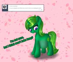 Size: 1023x876 | Tagged: safe, artist:limedreaming, oc, oc only, oc:lime dream, pony, unicorn, belly, big belly, dialogue, green fur, happy, looking down, pregnant, purple eyes, shading, smiling, solo, tumblr