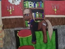Size: 1280x960 | Tagged: safe, artist:depresyjnyolowek, oc, oc only, oc:kamix, pony, book, bookshelf, bowtie, candlestick, clothes, cloud, fireplace, male, musical instrument, piano, pillow, planks, solo, stallion, standing, suit, traditional art