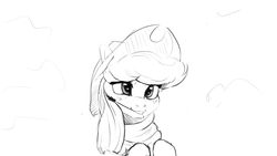 Size: 1920x1080 | Tagged: safe, artist:hierozaki, applejack, earth pony, pony, g4, clothes, cowboy hat, female, hat, hay stalk, mare, monochrome, scarf, sketch, smiling, solo, stetson, straw in mouth