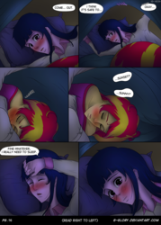 Size: 800x1120 | Tagged: safe, artist:g-glory, sunset shimmer, twilight sparkle, comic:up late, equestria girls, g4, my little pony equestria girls: rainbow rocks, alternate clothes, blushing, breasts, clothes, comic, cute, female, lesbian, manga, pajamas, scene interpretation, shimmerbetes, ship:sunsetsparkle, shipping, sleeping