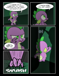 Size: 1275x1650 | Tagged: safe, artist:dsana, spike, pony, unicorn, comic:to look after, g4, claw, comic, dark, door, shadow, sharp claws, steam