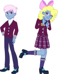 Size: 3289x4200 | Tagged: safe, artist:imperfectxiii, oc, oc only, oc:azure/sapphire, oc:sapphire, equestria girls, g4, bow, clothes, commission, crossdressing, crystal prep academy uniform, cute, equestria girls-ified, eyeshadow, high heels, high res, looking at you, makeup, one eye closed, pants, pleated skirt, point commission, raised leg, school uniform, self paradox, shoes, simple background, skirt, smiling, socks, solo, transparent background, wink