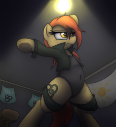 Size: 1100x1200 | Tagged: safe, artist:datte-before-dawn, oc, oc only, oc:dala vault, pony, belly button, bipedal, chest fluff, clothes, gymnastics, leotard, low angle, shirt, solo, spotlight, thigh bands, underhoof