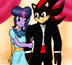 Size: 1406x1268 | Tagged: safe, artist:sonigoku, twilight sparkle, equestria girls, g4, make new friends but keep discord, clothes, crossover, dress, gala dress, male, shadow the hedgehog, sonic the hedgehog, sonic the hedgehog (series)