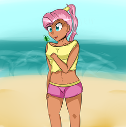 Size: 1800x1823 | Tagged: safe, artist:marshbreeze, fluttershy, human, g4, beach, belly button, female, humanized, midriff, solo