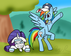 Size: 1595x1268 | Tagged: safe, artist:sonigoku, rainbow dash, rarity, g4, blowing, coach, coach rainbow dash, exercise, floppy ears, hat, puffy cheeks, push-ups, rainblow dash, rainbow dashs coaching whistle, sweat, sweatband, training, whistle, whistle necklace