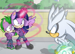Size: 6000x4309 | Tagged: dead source, safe, artist:atomiclance, spike, twilight sparkle, alicorn, anthro, g4, absurd resolution, crossover, glowing horn, horn, magic, male, paws, psychic powers, sandals, silver the hedgehog, sonic the hedgehog, sonic the hedgehog (series), sonicified, twilight sparkle (alicorn)