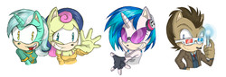 Size: 6780x2328 | Tagged: dead source, safe, artist:atomiclance, bon bon, dj pon-3, doctor whooves, lyra heartstrings, sweetie drops, time turner, vinyl scratch, earth pony, anthro, g4, crossover, doctor who, headphones, high res, sonic screwdriver, sonic the hedgehog (series), sonicified