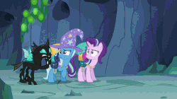 Size: 412x231 | Tagged: safe, screencap, starlight glimmer, thorax, trixie, pony, g4, to where and back again, animated, cute, gif, subtitles