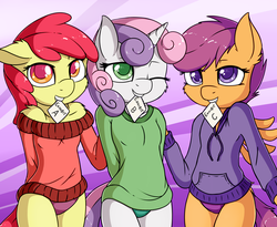 Size: 2454x2016 | Tagged: safe, artist:fearingfun, apple bloom, scootaloo, sweetie belle, earth pony, pegasus, unicorn, anthro, g4, adorabloom, adorasexy, breasts, clothes, cute, cutealoo, cutie mark crusaders, delicious flat chest, diasweetes, explicit source, female, flatie belle, flattle bloom, green underwear, high res, legs together, mouth hold, one eye closed, panties, pink underwear, purple underwear, scootaflat, sexy, sweater, underwear, wink