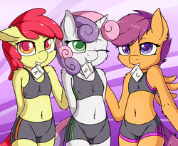 Size: 2454x2016 | Tagged: safe, artist:fearingfun, apple bloom, scootaloo, sweetie belle, earth pony, pegasus, unicorn, anthro, g4, adorabloom, belly button, breasts, clothes, compression shorts, cute, cutealoo, cutie mark crusaders, delicious flat chest, diasweetes, explicit source, female, filly, flatie belle, flattle bloom, foal, high res, midriff, mouth hold, one eye closed, scootaflat, shorts, sports bra, sweat, wink