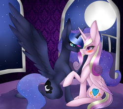 Size: 4500x4000 | Tagged: safe, artist:laura514, princess cadance, princess luna, alicorn, pony, g4, absurd resolution, bed, blushing, female, infidelity, lesbian, lundance, moon, night, shipping, smiling, spread wings