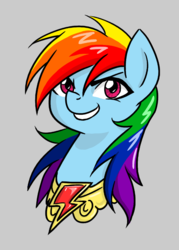 Size: 600x839 | Tagged: safe, artist:valkyrie-girl, rainbow dash, pegasus, pony, g4, bust, element of loyalty, female, mare, simple background, smiling, solo