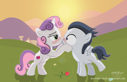 Size: 3015x1936 | Tagged: safe, artist:shutterflyeqd, rumble, sweetie belle, pegasus, pony, unicorn, g4, colt, cute, duo, female, filly, flower, foal, kiss on the lips, kissing, male, rose, ship:rumbelle, shipping, show accurate, signature, straight, surprise kiss, the cmc's cutie marks, weapons-grade cute