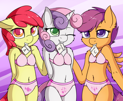 Size: 1280x1052 | Tagged: safe, artist:fearingfun, apple bloom, scootaloo, sweetie belle, pegasus, unicorn, anthro, g4, belly button, clothes, female, mouth hold, underwear