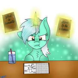 Size: 1024x1024 | Tagged: safe, artist:starblossom15, lyra heartstrings, pony, unicorn, g4, angry, book, determined, female, glowing horn, horn, humie, magic, puffy cheeks, solo, telekinesis