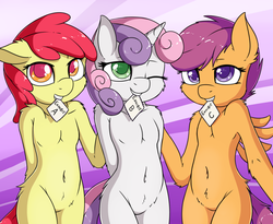 Size: 1280x1052 | Tagged: safe, artist:fearingfun, apple bloom, scootaloo, sweetie belle, pegasus, unicorn, anthro, g4, belly button, female, mouth hold
