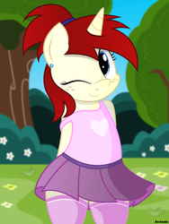 Size: 4050x5400 | Tagged: safe, artist:an-tonio, derpibooru exclusive, oc, oc only, oc:silver draw, pony, unicorn, absurd resolution, bipedal, clothes, cute, female, ocbetes, one eye closed, pleated skirt, ponytail, shirt, skirt, socks, solo, thigh highs, wink, zettai ryouiki