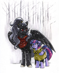 Size: 2544x3168 | Tagged: safe, artist:valkyrie-girl, twilight sparkle, oc, oc:princess raven, alicorn, pony, g4, cloak, clothes, high res, size difference, snow, traditional art, twilight sparkle (alicorn), unamused