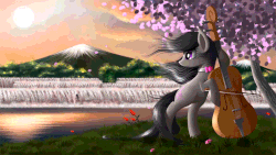 Size: 862x485 | Tagged: safe, artist:duskie-06, artist:equum_amici, octavia melody, earth pony, pony, g4, animated, bow (instrument), bowtie, cello, cello bow, cinemagraph, female, gif, grass, hoof hold, mountain, musical instrument, playing, scenery, signature, smiling, solo, tree, waterfall, wind, windswept mane