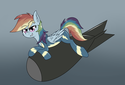 Size: 2272x1535 | Tagged: safe, artist:zogzor, rainbow dash, pony, g4, atomic bomb, bomb, clothes, female, nuclear weapon, pinup, solo, weapon, wonderbolts uniform