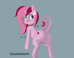 Size: 9020x7080 | Tagged: safe, artist:cloudsdaleart, oc, oc only, oc:rosebud, pony, unicorn, absurd resolution, butt, chest fluff, flower, flower in hair, long tail, pink, plot, solo