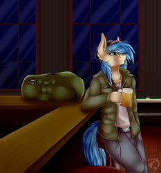 Size: 2800x3000 | Tagged: safe, artist:pinktabico, oc, oc only, oc:atom sync, earth pony, anthro, anthro oc, bag, bar, clothes, commission, drink, high res, jacket, male, smiling, solo, stallion