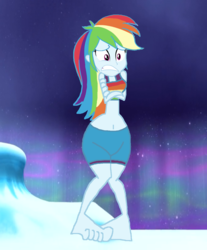 Size: 1145x1381 | Tagged: artist needed, safe, artist:hunterxcolleen, edit, rainbow dash, equestria girls, g4, antarctica, aurora borealis, belly button, bikini, bikini top, clothes, cold, feet, female, freezing, freezing fetish, gritted teeth, midriff, shivering, shorts, snow, solo, swimsuit