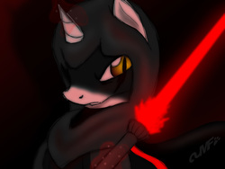 Size: 1500x1125 | Tagged: safe, artist:miniferu, oc, oc only, oc:comander blacknight, pony, unicorn, lightsaber, sith, solo, star wars, weapon