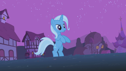 Size: 1280x720 | Tagged: safe, screencap, trixie, pony, unicorn, boast busters, g4, alternative cutie mark placement, angry, bipedal, building, female, inner thigh cutie mark, mare, night, open mouth, ponyville, solo