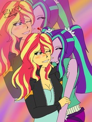 Size: 768x1024 | Tagged: safe, artist:brickercupmasterx3, aria blaze, sunset shimmer, equestria girls, g4, my little pony equestria girls: rainbow rocks, blushing, embrace, female, hug, lesbian, ship:sunblaze, shipping