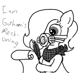 Size: 640x600 | Tagged: safe, artist:ficficponyfic, edit, oc, oc only, oc:emerald jewel, pony, colt quest, bandana, bane, bane mask, batman, child, colt, foal, gas mask, hair over one eye, letter, male, mask, monochrome, quill, scroll, solo, writing