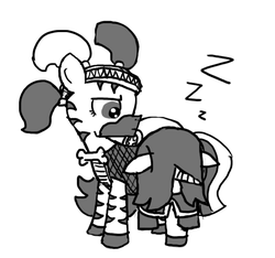 Size: 640x600 | Tagged: safe, artist:ficficponyfic, oc, oc only, oc:joyride, oc:nishan, pony, unicorn, zebra, colt quest, carrying, clothes, cutie mark, cyoa, female, frown, guide, headband, horn, mare, monochrome, sleeping, story included, zzz