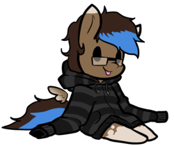 Size: 1884x1586 | Tagged: safe, artist:neoncel, oc, oc only, oc:playthrough, pegasus, pony, chibi, clothes, cute, derp, floating wings, glasses, hoodie, male, nerd, simple background, sitting, smiling, solo, stallion, tongue out, transparent background, wings