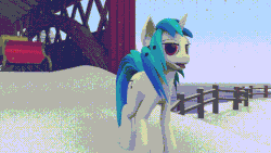 Size: 768x432 | Tagged: safe, artist:styroponyworks, dj pon-3, vinyl scratch, pony, g4, 3d, animated, blender, bridge, female, gif, sleigh, snow, snowfall, solo, tongue out, winter, wrong eye color