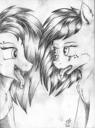 Size: 1758x2370 | Tagged: safe, artist:azerta56, oc, oc only, black and white, black hair, eye, eyes, grayscale, hair, happy, metal, monochrome, neutral, piercing, tongue out, tongue piercing, traditional art