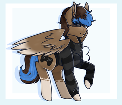Size: 1024x878 | Tagged: dead source, safe, artist:php172, oc, oc only, oc:playthrough, pegasus, pony, clothes, glasses, hoodie, male, nerd, simple background, solo, spread wings, stallion, standing, wings