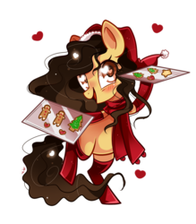 Size: 900x1028 | Tagged: safe, artist:ipun, oc, oc only, oc:terra, pony, chibi, clothes, cookie, female, food, gingerbread man, hat, heart eyes, mare, santa hat, scarf, simple background, socks, solo, transparent background, tray, wingding eyes