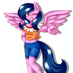 Size: 1450x1450 | Tagged: safe, artist:jack-pie, oc, oc only, oc:diamond coat, pegasus, anthro, belly button, clothes, female, happy, midriff, one eye closed, short shirt, shorts, simple background, solo, transparent background, wink