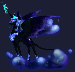 Size: 1586x1520 | Tagged: safe, artist:australian-senior, nightmare moon, classical unicorn, pony, g4, female, gradient background, horn, leonine tail, magic, solo, spread wings