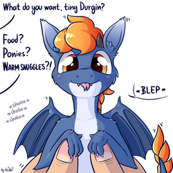 Size: 1920x1920 | Tagged: safe, artist:dsp2003, part of a set, oc, oc only, oc:nyama, dragon, human, :p, cheek fluff, cute, dialogue, ear fluff, hand, holding a dragon, looking at you, male, mlem, offscreen character, part of a series, shaking, simple background, smiling, spread wings, style emulation, tongue out, what do you want, white background