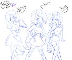 Size: 1721x1424 | Tagged: safe, artist:200shadowfan, artist:ask-fnaf, fluttershy, pinkie pie, rarity, anthro, g4, breasts, cleavage, clothes, dress, female, monochrome, skirt, socks, striped socks, thigh highs