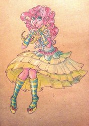 Size: 907x1280 | Tagged: safe, artist:vincher, gummy, pinkie pie, anthro, unguligrade anthro, g4, bow, clothes, dress, gloves, socks, striped socks