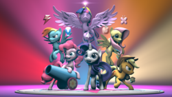 Size: 2000x1125 | Tagged: safe, artist:vinuldash, applejack, fluttershy, pinkie pie, rainbow dash, rarity, twilight sparkle, alicorn, pony, g4, 3d, big crown thingy, element of generosity, element of honesty, element of kindness, element of laughter, element of loyalty, element of magic, elements of harmony, flying, jewelry, mane six, party cannon, regalia, twilight sparkle (alicorn)