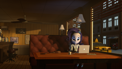 Size: 1920x1080 | Tagged: safe, artist:vinuldash, rarity, equestria girls, g4, 3d, cafe, coffee, computer, cup, female, laptop computer, motorcycle, solo, taxi