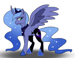 Size: 1414x1104 | Tagged: safe, artist:not-ordinary-pony, nightmare moon, princess luna, pony, g4, corrupted, crown, curved horn, female, horn, jewelry, looking back, nightmare luna, regalia, simple background, solo, spread wings, white background